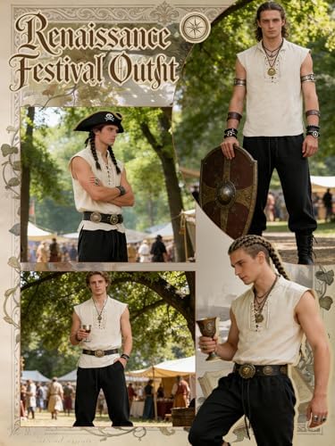 Verceco Mens Pirate Costume 8PCS Renaissance Sleeveless Shirt Ankle-Banded Pants Sash Belt & Accessories LARP Cosplay