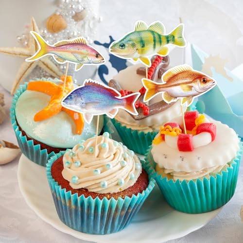 Hooqict 40Pcs Gone Fishing Cupcake Toppers Fish Birthday Cake Topper Decorations Cupcake Picks for Fishing Theme Party Decorations Baby Shower Summer Under The Sea Party Supplies