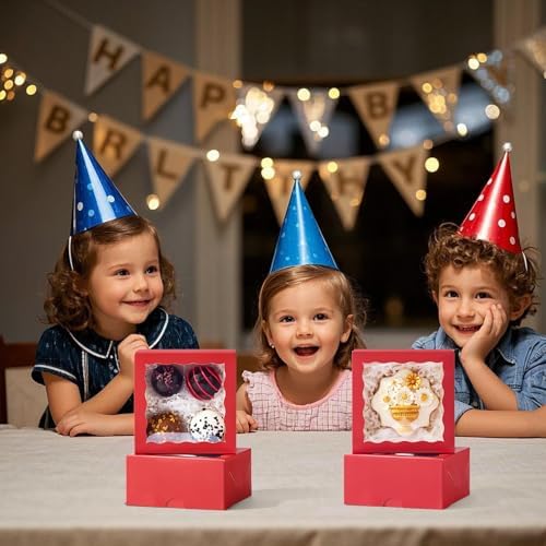 50 Pack 4x4x2 inches Red Bakery Boxes with Window - Macaron Cookie Chocolate Truffle Strawberry & Mini Cake Gift Boxes for Valentine's Parties Birthdays Wedding, Christmas Favors
