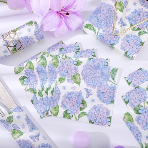 Natnarr 100 Pcs Hydrangea Napkins, 5" Blue Hydrangea Flower Cocktail Napkin