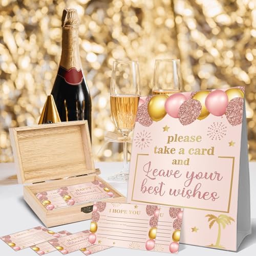 Pink Gold Retirement Card, Happy Wishes Card Box, Happy Retirement Present, 50 Double Sided Hope Cards with Wooden Boxes, Pink Gold Memory Box & Wishes Cards, Retiree Decorations for Men Women