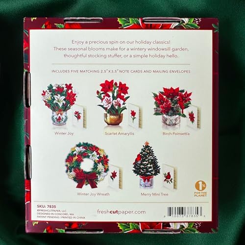 Freshcut Paper Pop Up Christmas Cards Boxed Set, Holiday Collection, 6 inch Mini Sized Paper Flower Bouquet 3D Popup Greeting Cards, Holiday Card, Blank Notecards & Envelopes, Pack of 5