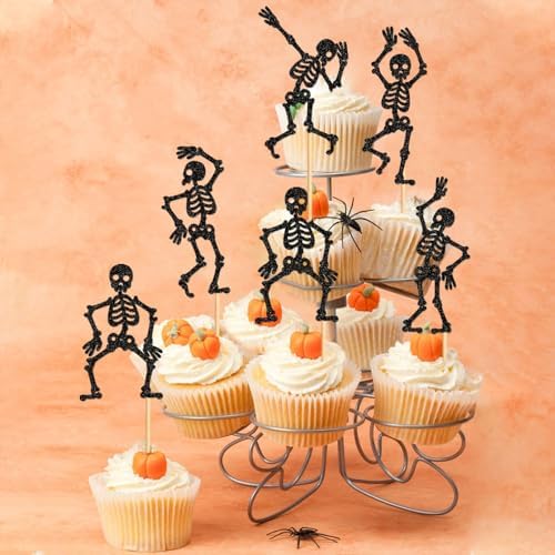25Pcs Glitter Black Skeleton Cupcake Toppers Human Dance Skeleton Cupcake Picks for Halloween Party Decorations Horror Halloween Boys Girls Goth Birthday Wedding Cupcake Decorations
