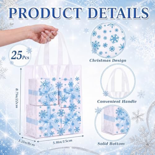 Pajean 25 Pcs Winter Plastic Gift Bags with Handles, Blue Snowflake Pouches