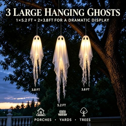 3 Packs Halloween Decorations Outdoor - Hanging Ghost Decor for Porch Yard