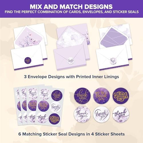 Decorably 24 Pack Glittery 6x4in Purple Thank You Cards with Envelopes