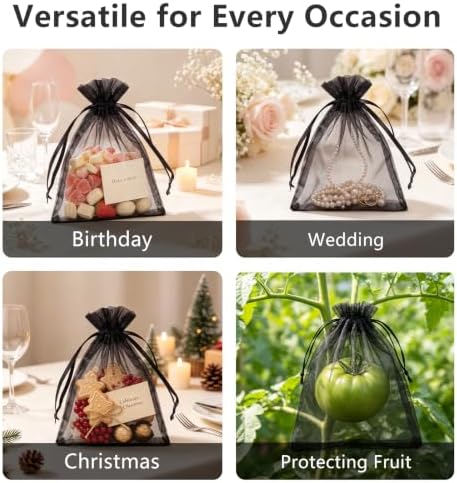 Wudygirl 50 Pcs Organza Bags, 5x7 IN Drawstring Gift Bags-Black