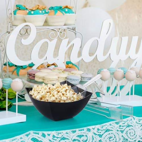 FoldTier 8oz 6 Black Plastic Candy Bowls, 4 Scoops and 4 Tongs Set Square Disposable Plastic Buffet Containers for Chip, Snacks Popcorn Candy Buffet Bar Birthday Party Supplies
