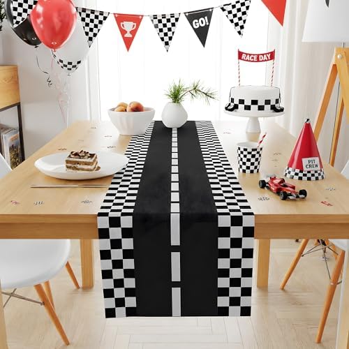 Race Car Birthday Party Decorations - Racing Car Road Table Runner | Black and White Checkered Table Cloth Decor for Kids Boys Cars Theme Two Fast Birthday Party Favors Supplies Decorations