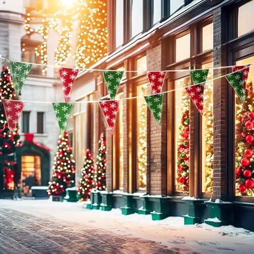 99Ft Christmas Pennant Banner Flags String Hanging Green and Red Garland with White Snowflakes Triangle Bunting Flags Party Decor for Winter Xmas Party Events Grand Opening Yard Decorations