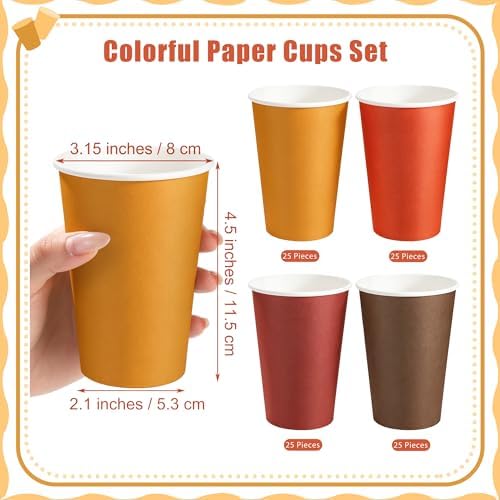 Kochorie 100 Pack 12 Ounce Disposable Fall Thanksgiving Paper Cups, Autumn Party Cups, Drinking Cups for Holiday Party Supplies DIY Crafts, 4 Colors