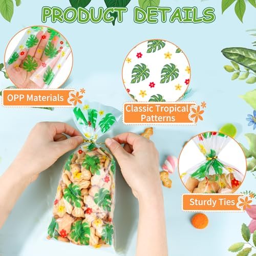 50Pcs Hawaiian Tropical Cellophane Treat Bags - 5x11 Inch Pineapple Flamingo Goodie Bags with 60 Twist Ties, Clear Plastic Candy Bag for Luau Beach Summer Party Favors, Tiki Bar & Jungle Theme Supply