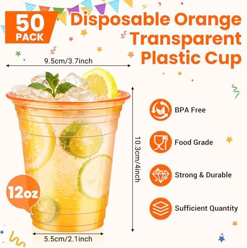 50 Pcs Clear Orange Plastic Cups, 12 oz Disposable Cups for Party