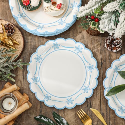JarThenaAMCS 50 Pcs Winter Paper Plates Christmas Snowflake Scalloped Disposable Plate Blue Decorative Tableware for Xmas Holiday Party Decor Supplies, 9 In