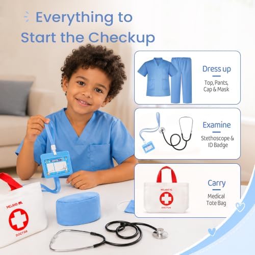 Meland Doctor Costume for Kids 3-10, Pretend Play Career Dress Up with Bag