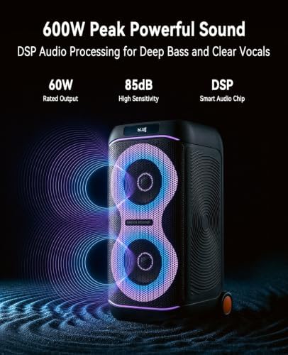 GKDT63 Karaoke Machine with 2 Rechargeable Wireless Microphones, 600W Portable Bluetooth PA Party Speaker with Wheels & Pull Handle, TWS Stereo, LED Lights,DSP Vocal Priority for Adult Outdoor Parties