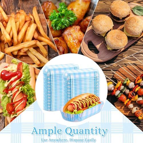 Yinkin 300 Pcs Paper Hot Dog Trays Food Trays 6 Inch,Blue,Checkered