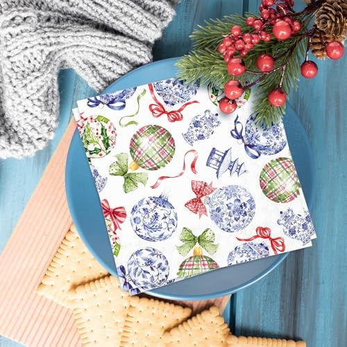 FYSUIMU Christmas Balls Paper Napkins Luncheon Napkin Chinoiserie Xmas Ball Disposable Dessert Dinner Hand Napkin for Holiday Party Decorations Supplies, 50 Pcs