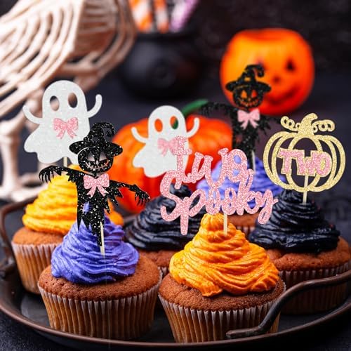 Gyufise 24 Pcs Halloween Spooky Cupcake Toppers - Pink Glitter Ghost, Pumpkin, Girl & More for Kids Birthday Party Supplies
