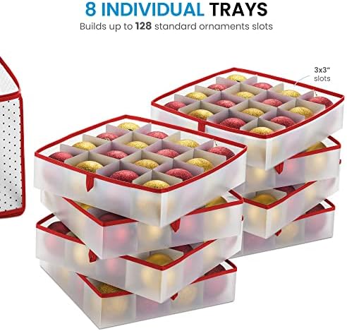 ZOBER Christmas Ornament Storage Box - Stores 128 Ornaments W/ 2 Sided Zipper - Flexible Plastic Christmas Ornament Storage Containers - 3 Inch Cube Compartments - Red