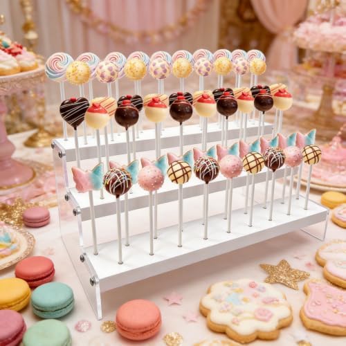 1Pcs Wood & Acrylic Cake Pop Stand Display, 3 Tier White Lollipop Holder with 100 Lollipop Sticks, 57 Holes Popsicle Display Rack for Birthday, Wedding, Baby Shower Party Table Decor