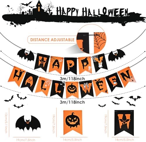 AhfuLife Happy Halloween Banner, Halloween Garland Bunting Decorations Sign for Indoor Outdoor Home Party Supplies