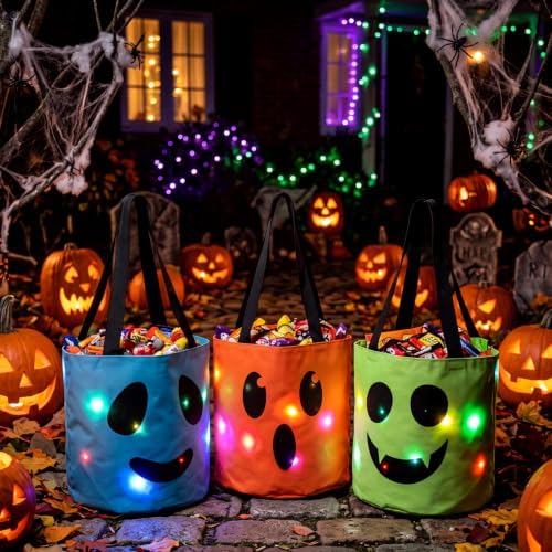 Sadnyy 3 Pcs Halloween Trick or Treat Bag Light Up,Orange,Green, Blue