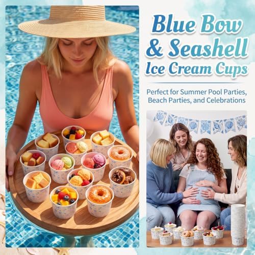 Maxdot 50 Pcs Blue Bow Starfish Seashelle Ice Cream Paper Cups 9oz Ocean Coastal Disposable Snack Cups Paper Dessert Bowls for Yogurt Cupcakes Hot Cold Food Baby Shower Wedding Bridal Party Supplies