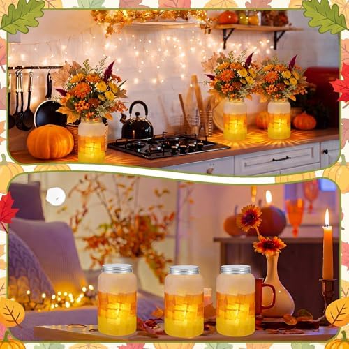 Qinyoung 12 Pcs Fall Crafts Candy Corn Mason Jar Crafts with LED Light