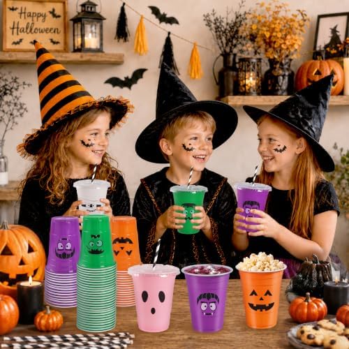 Halloween Plastic Cups with Lids & Straws for Trick or Treat Party Supplies