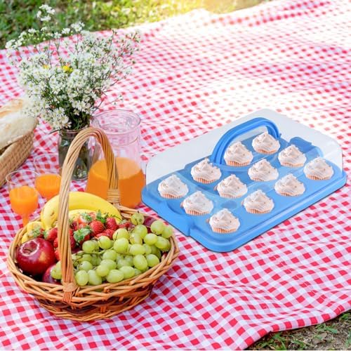Cake Carrier with Lid, Cake Holder Cupcake Container for 12 Cupcakes 2 in 1 Portable Dessert Container for Pie Muffin Cobbler (Blue)