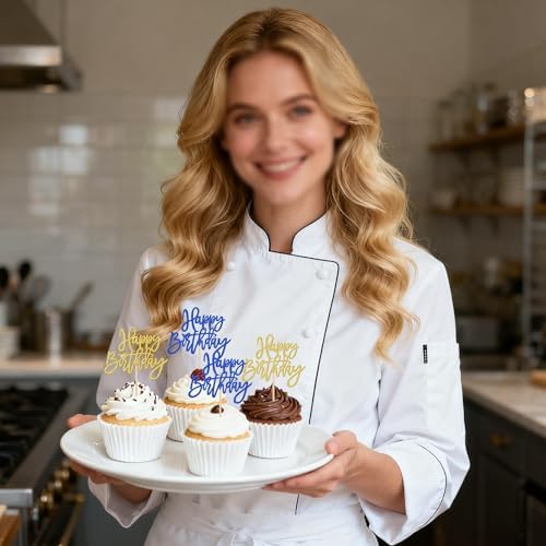 24 PCS Happy Birthday Cupcake Toppers Glitter Happy Birthday Cupcake Picks for Celebrating Anniversary Theme Party Cake Decorations Supplies Blue Gold