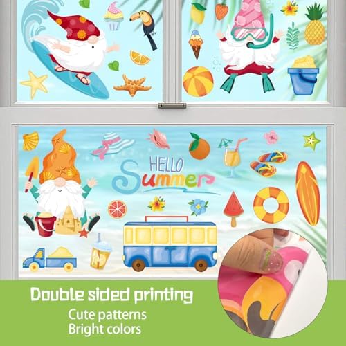 93Pcs Summer Window Clings, Double Sided Beach Gnomes Summer Window Decals Stickers for Home Office School Holiday Party Decorations