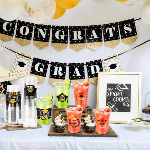 100 Pack 16oz Black Graduation Decorations Cups, Class of 2026 Disposable Plastic Cups, Sturdy & Durable Tableware for High School College Grad Party Decorations Supplies