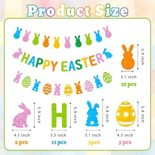 Easter Bunny Decorations Kit, 3 Pack Pre-Strung Glitter Banner Set with Happy Easter Banner, Bunny Egg Banner & Peeps Banner - Spring Easter Party Decorations for Indoor Home Decor