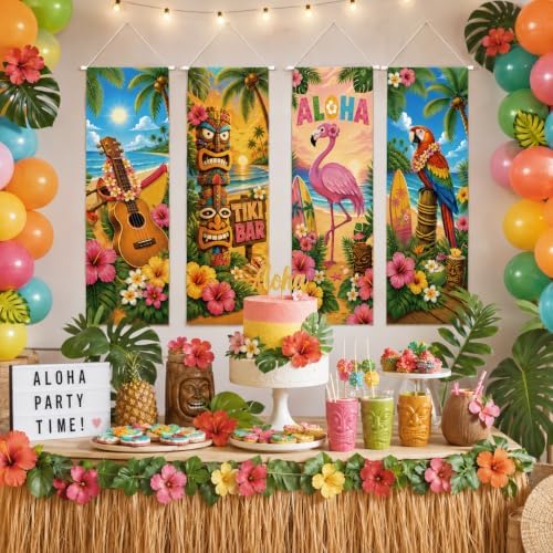 Cinrobiye 4 Pcs Hawaiian Luau Party Porch Sign Decorations, Tropical Aloha Door Banner with Tiki Flamingo Beach Design, Summer Party Hanging Backdrop for Tiki Bar, Birthday, Outdoor Indoor Events