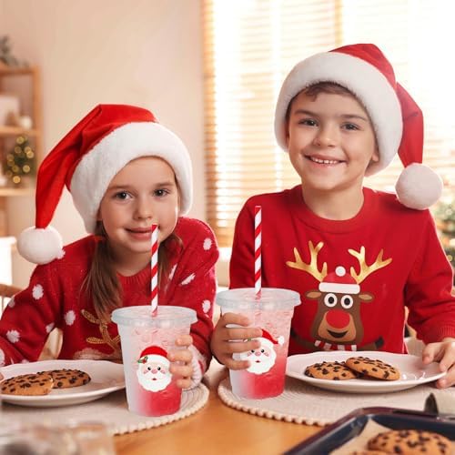 Whaline 50 Pcs 12 Oz Christmas Disposable Plastic Cups with Lids and Straws Santa Claus Face Cold Beverage Drinking Cups for Winter Xmas Birthday Party Supplies