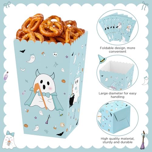 K KUMEED 24 PCS Halloween Popcorn Favor Boxes, Cute Ghost Popcorn Bowls, Blue