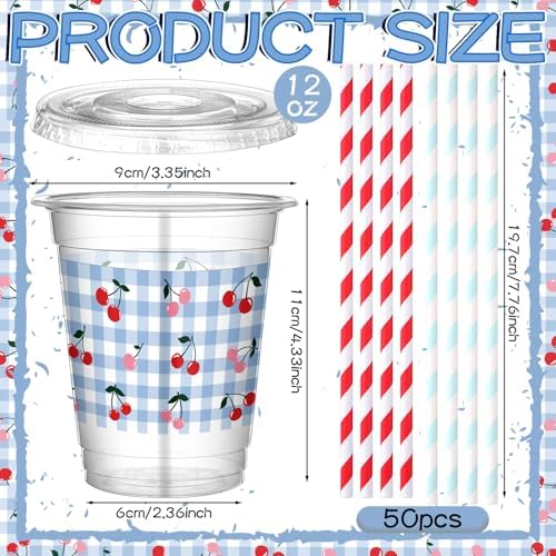 Jingmore 50 Pcs Cherry Plaid Party Disposable Plastic Cups 12 oz with Lids Straws Themed Party Supplies Plastic Tumbler for Birthday Table Decorations Favors(Red and Blue)