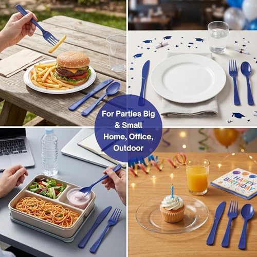 300Pcs Navy Blue Plastic Silverware Set, Disposable Forks Spoons Knives