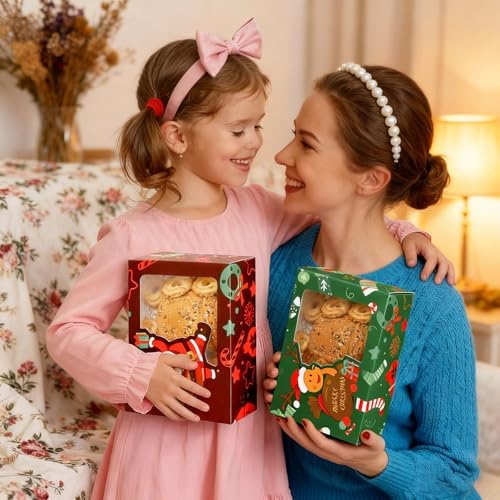 CHOUNYEE 24 Pack Christmas Cookie Boxes (8.25x6x2.75 Inch), Christmas Treat Boxes for Gift Giving, Bakery Boxes with Window for Exchange Gift, Holiday Food Cookie gift Containers