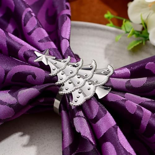 Silver Christmas Tree Napkin Rings Set of 6, Metal Xmas Napkin Holders, Wedding Dinner Table Decorations Winter Christmas Ornaments