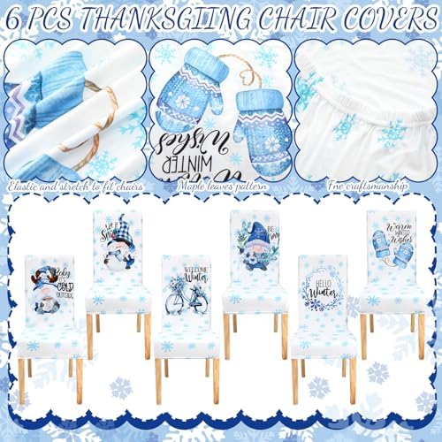 Mindsoft 6 Pcs Winter Chair Covers Dining Protector Removable Washable Stretch Christmas Blue White Gnome Snowflake Slipcovers for Winter Xmas Hotel Party Wedding Holiday Decor