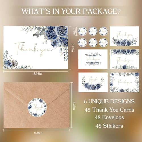 48 Pack Pre-Folded Floral Thank You Cards with Envelopes, 6 Designs