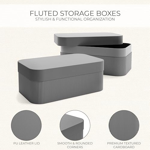Decorative Storage Boxes with Lids - Set of 2 Fluted Photo Organizer Bins