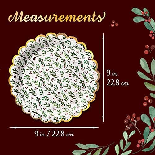 Confettiville Christmas Paper Plates, 50-Count Disposable Christmas Party Supplies, Holly, Gold Foil Scalloped Edge, 9 Inches