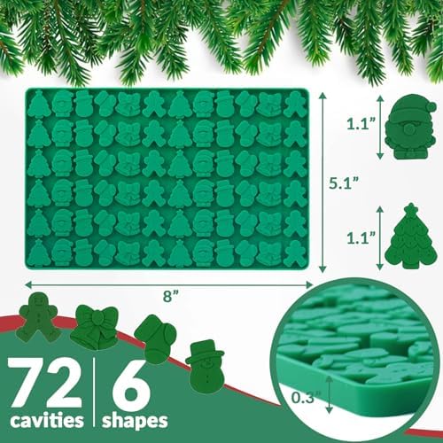 HKNMTT Mini Christmas Candy Molds, Silicone 72 Cavity Chocolate Mold, Tree Santa Snowman Stocking Bell Gingerbread Shape Gummy Making Set, Food Grade for Gifts Cookies Dog Treats