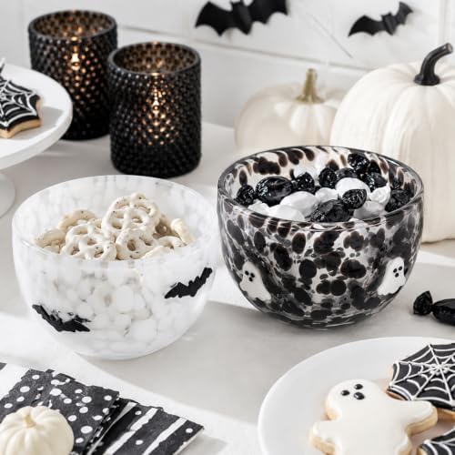 AnyDesign 2Pcs Halloween Icon Candy Bowls 14 Oz Black White Ghost Bat Serving Bowl Trick or Treat Glass Dishes Candy Servers Table Decor for Gifts Snacks Cookies Dessert Party Supplies