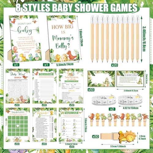 Funnymoom 426 Pcs Dinosaur Baby Shower Games Set, 8 Activities Bingo