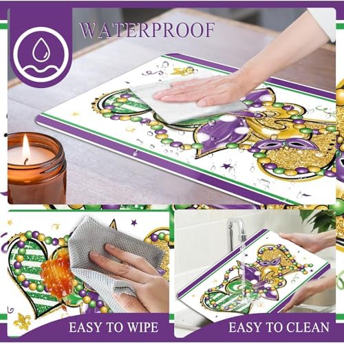 6 Set Carnival Mardi Placemats, 11x16 Inch Fleur de Lis Heart Bead Plastic Placemats Spring Holiday New Orleans Cocktail Table Mats for Carnival Masquerade Party Festival Decor